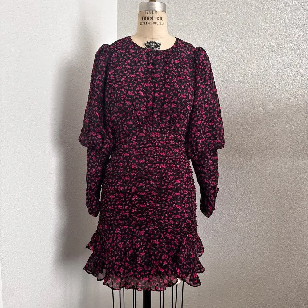 ASTR The Label Claremore Ruched Mini Dress Black Magenta Floral Long Sleeve - Picture 1 of 9